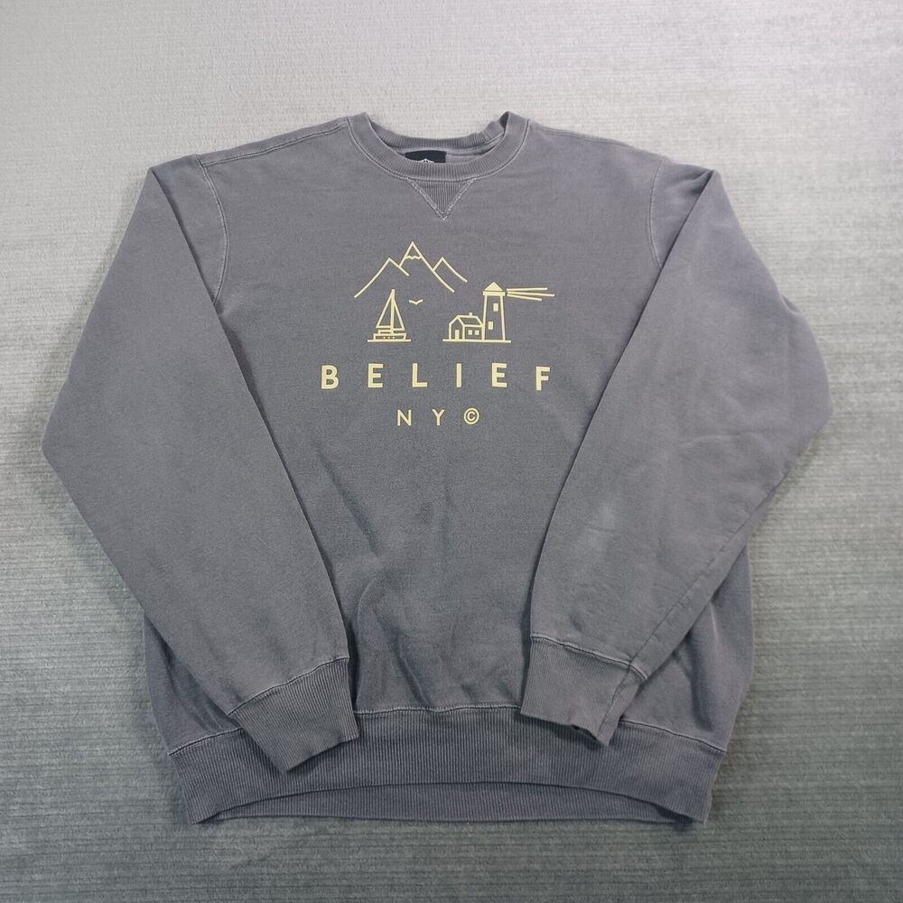 Belief NYC Sweater Mens Large Gray Casual Stretch Graphic Print Crew Neck